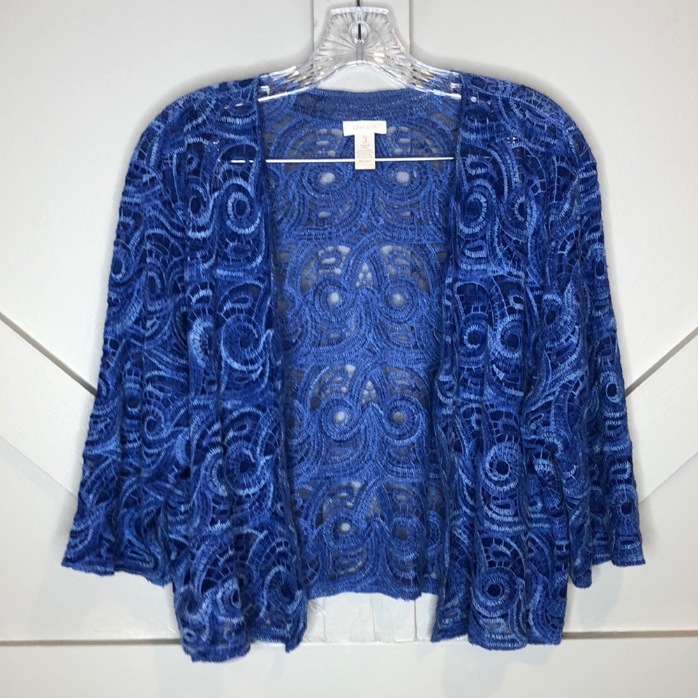 Chico’s Boho Cropped Cardigan Crotched Swirl Lace Floral Vibrant Blue Size XL - Picture 2 of 11